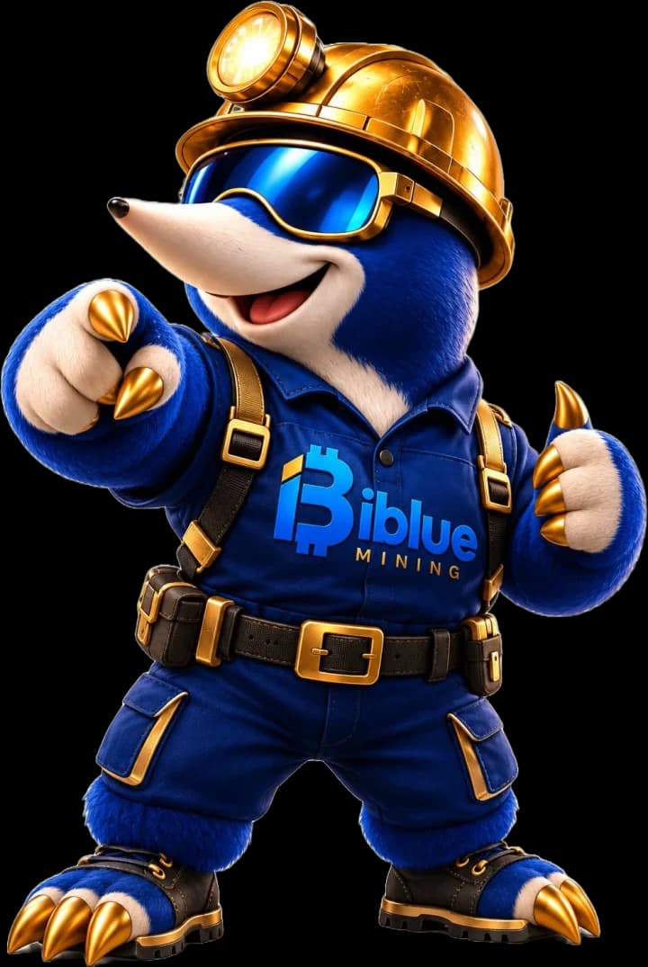 Mascote da iBlue Mining: marmota mineradora de capacete dourado apontando para você